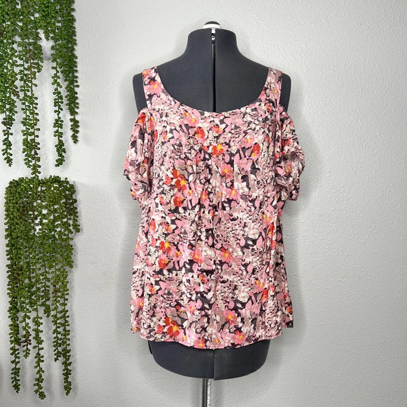 Anthropologie Maeve Hana Pink Floral Cold Shoulder Blouse Women's Size Small S - Picture 1 of 11